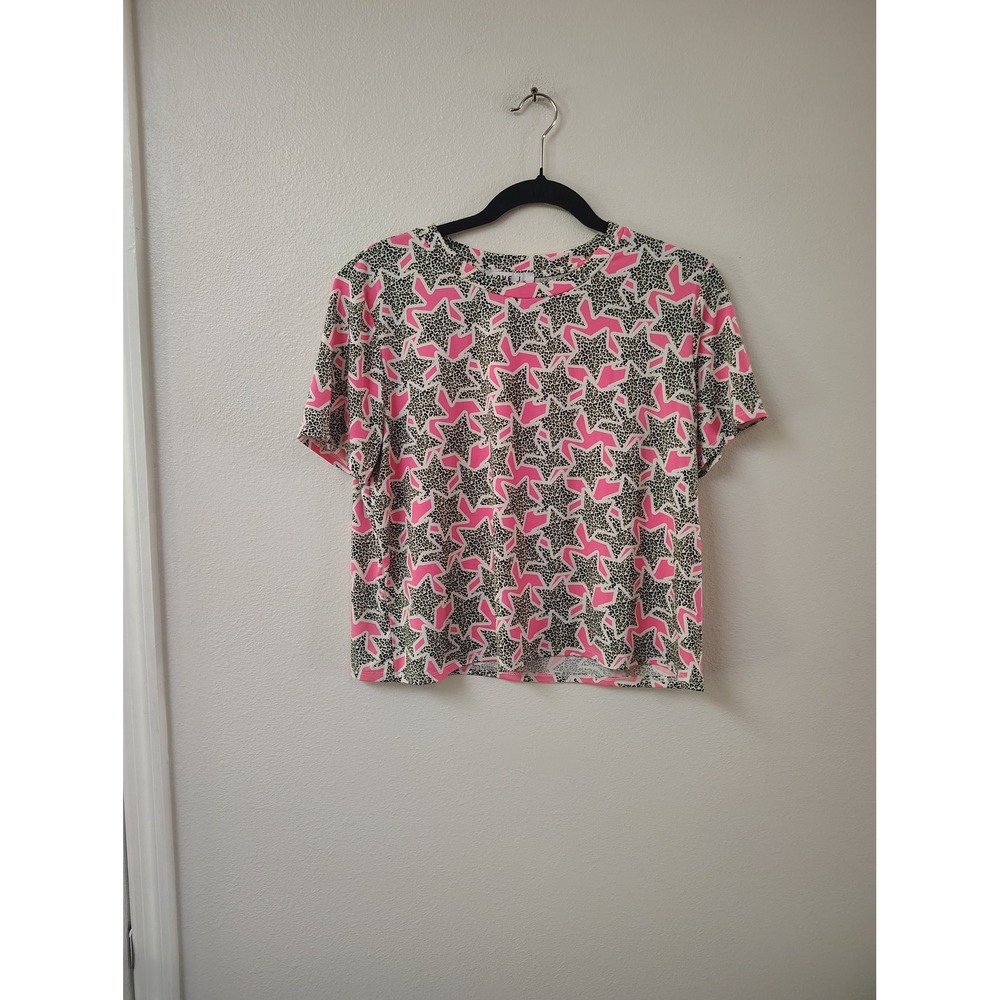 Love J Womens XL Pink Star Leopard Print Short Sleeve Crop Top T-Shirt Crew Neck